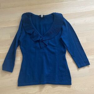 Saks Blue Sweater with Ruffled Collar